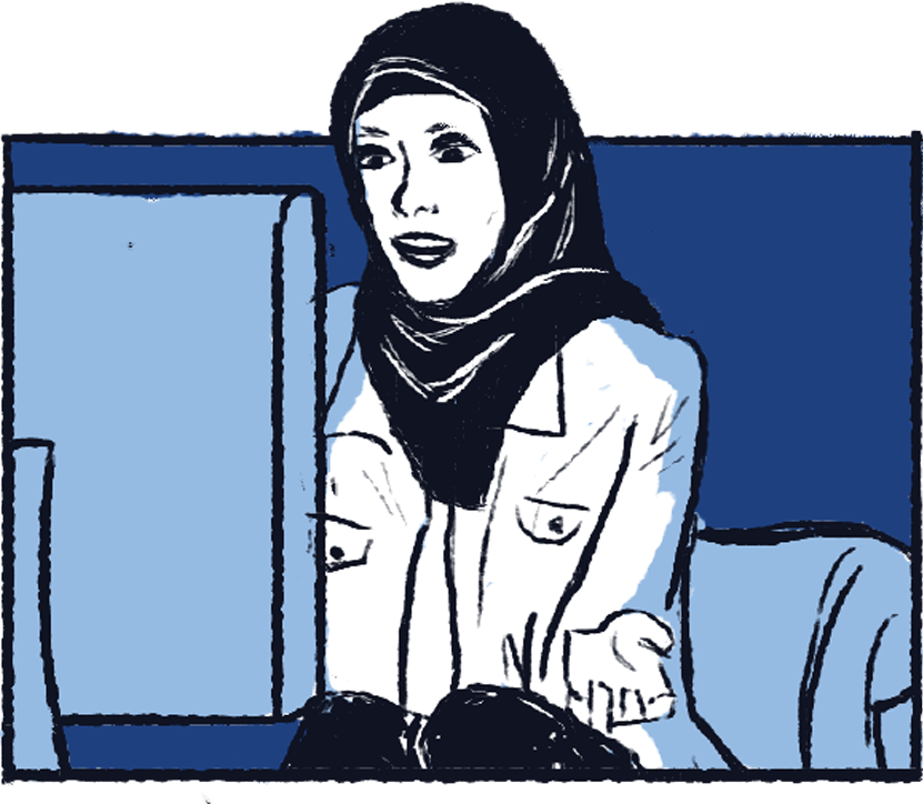 Illustration of a woman wearing a hijab using a computer