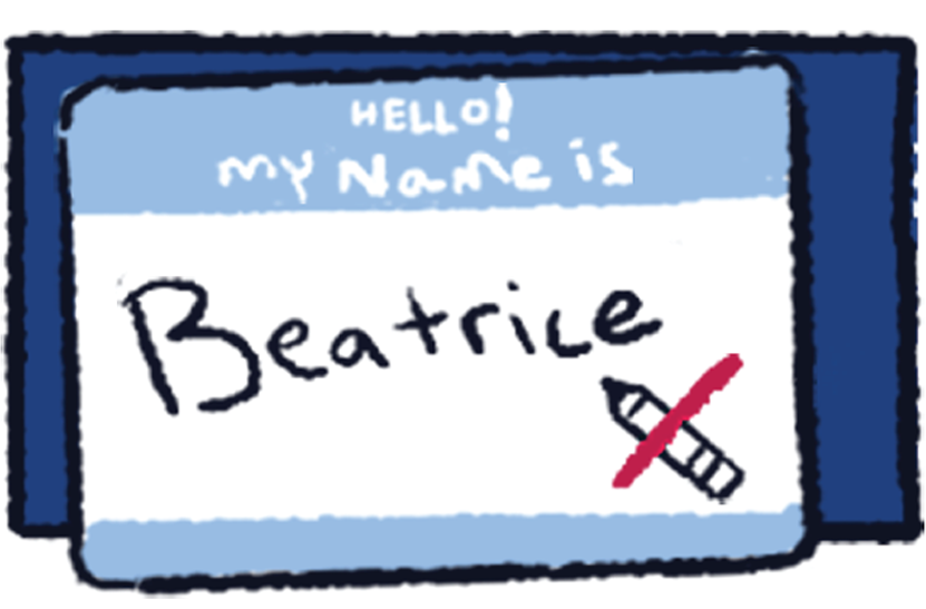 Illustration of a nametag with the name Beatrice