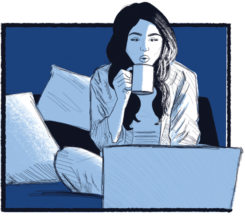 Illustration of a woman using a laptop while sitting on her bed, sipping from a mug