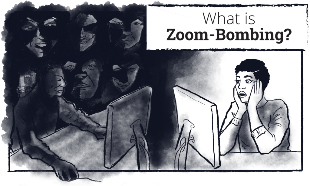 An illustration of a woman reacting in horror to her computer screen with the words "What is Zoom-Bombing?"